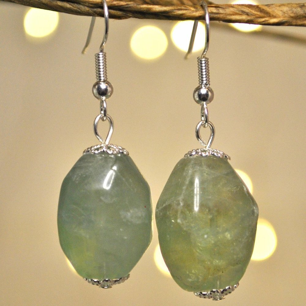 Pale Green Rough Faceted Fluorite Earrings​​​​